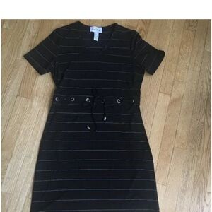 Joseph Ribkoff Black Midi Dress with White Stripe and Metal Accents